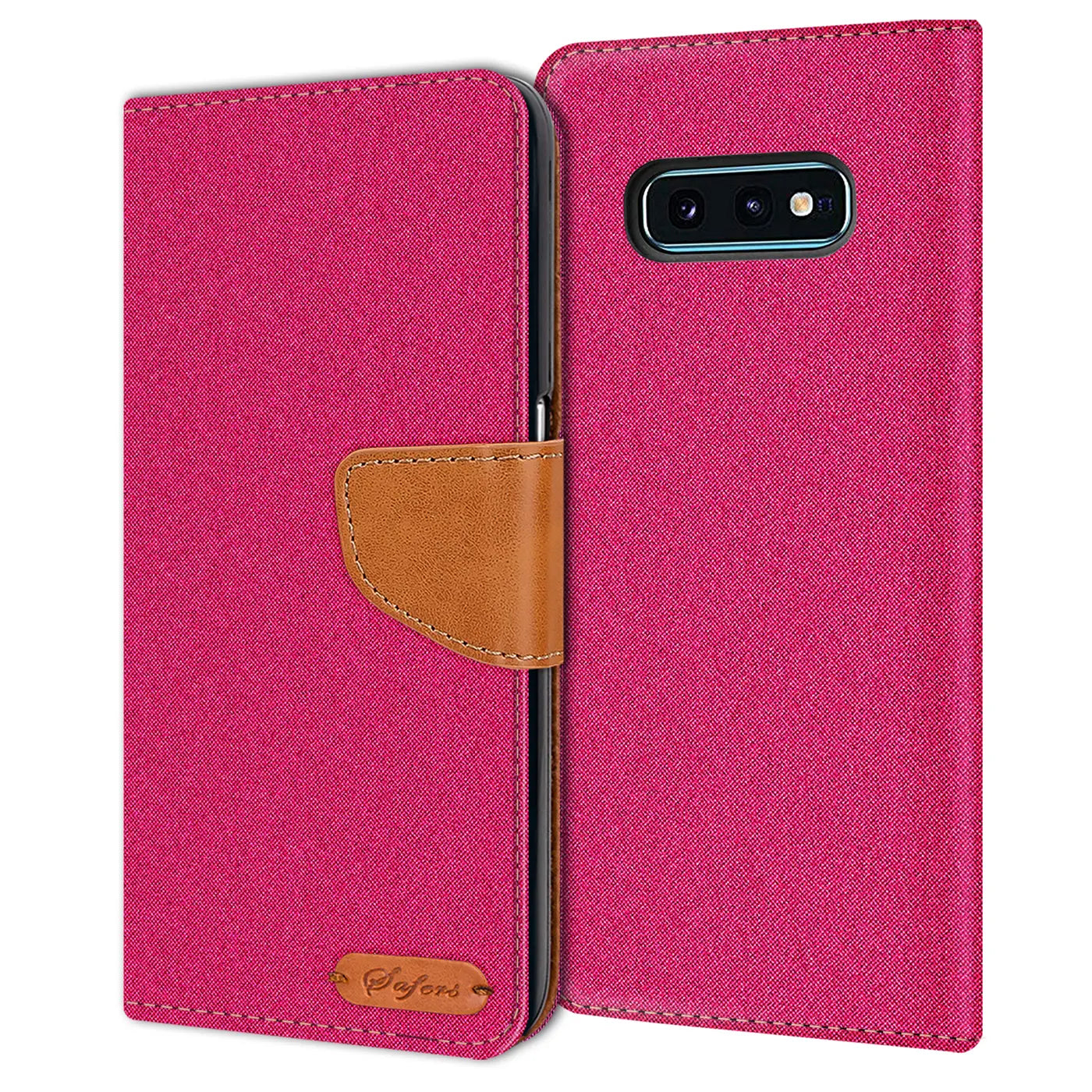 Fuchsia Textil Klapphülle mit braunem Lederdetail, offen, zeigt Samsung S10e Rückseite.