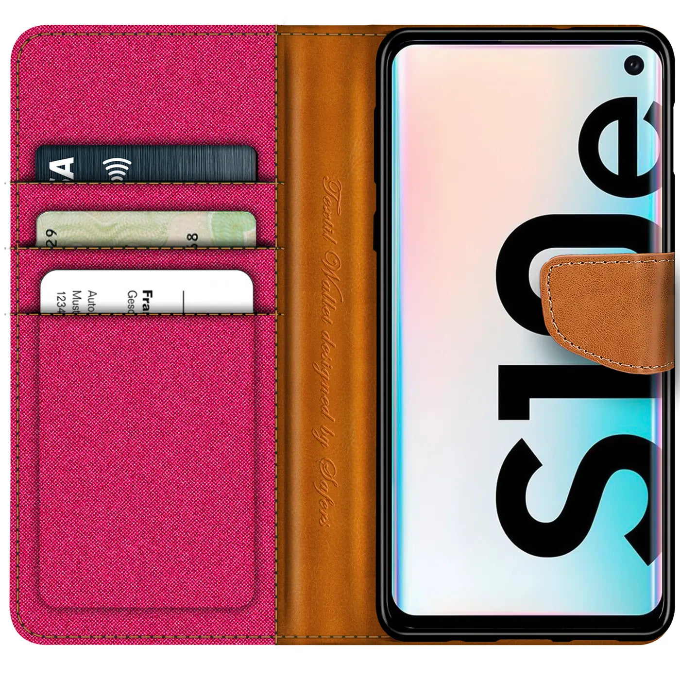 Textil-Klapphülle, pink/braun, mit Kartenfächern, für Samsung Galaxy S10e