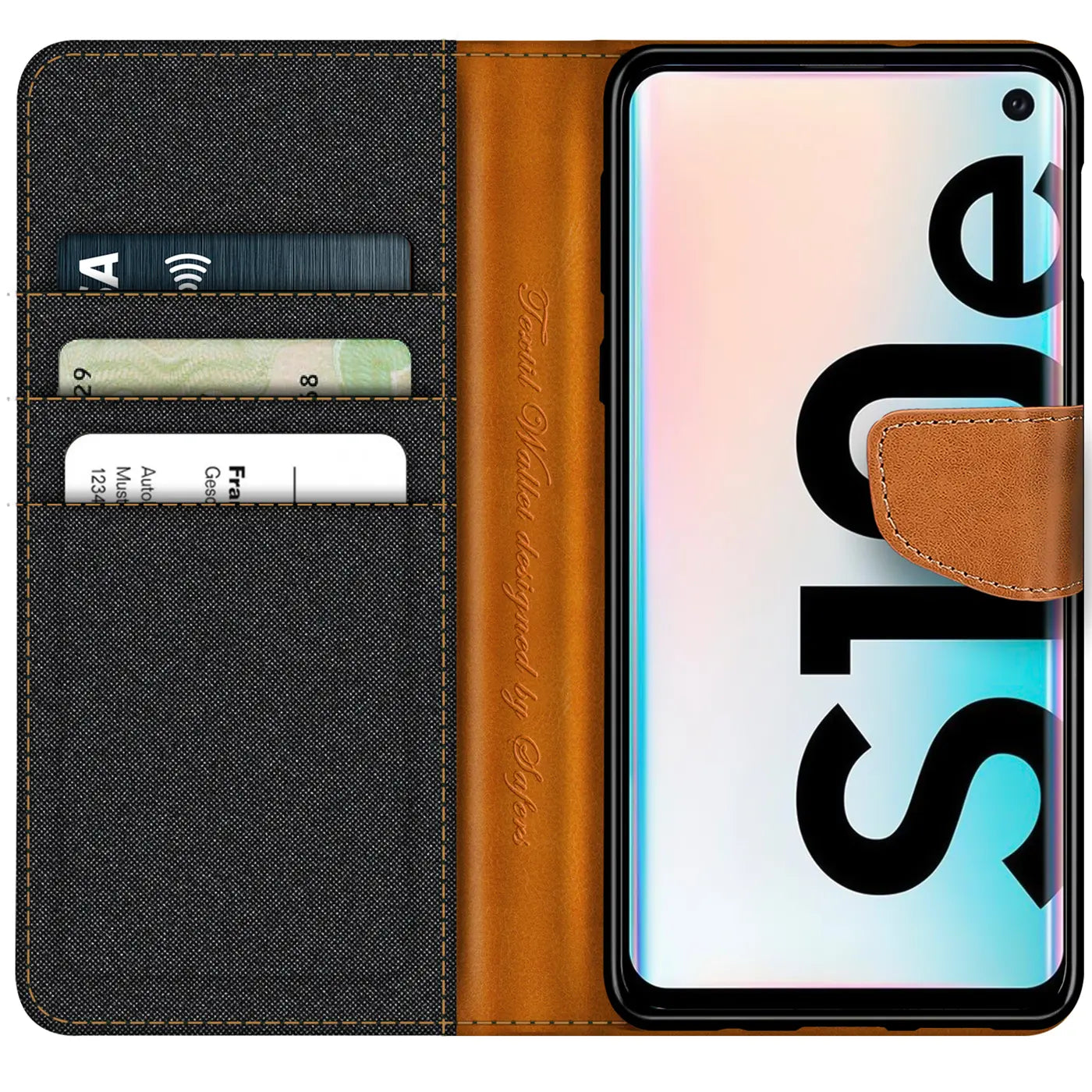 Textil-Klapphülle in Schwarz/Braun mit Kartenfach, Samsung S10e, von vorne