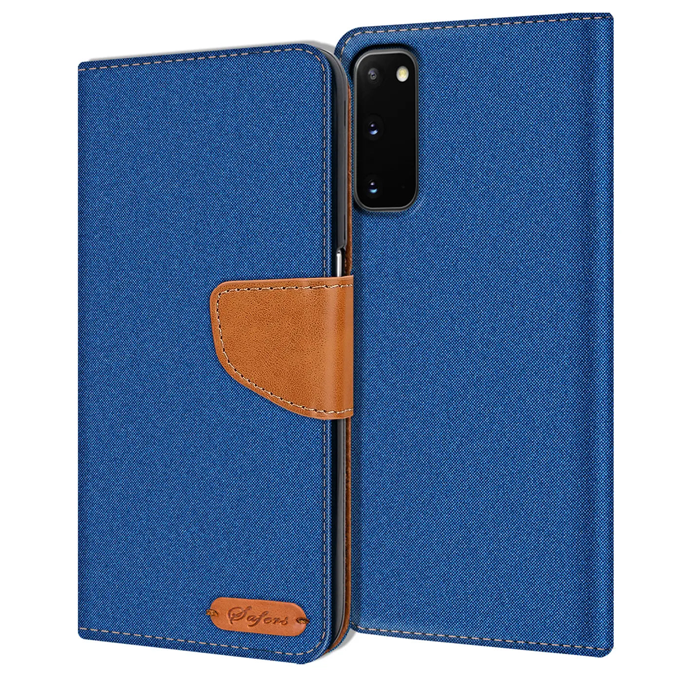Blaue Textil-Klapphülle mit braunem Lederriemen, Kartenfach, Samsung S20 sichtbar.