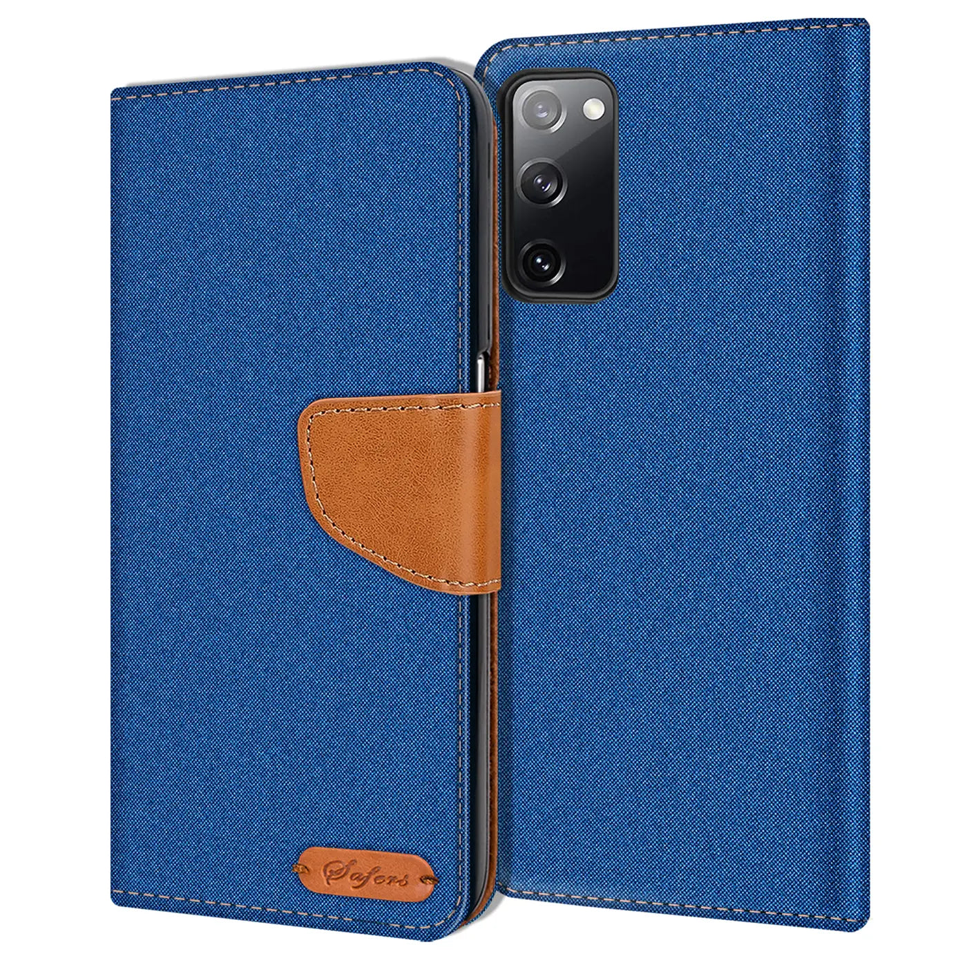 Blaue Textil-Klapphülle mit braunem Lederriemen, offen, zeigt Samsung S20 FE.