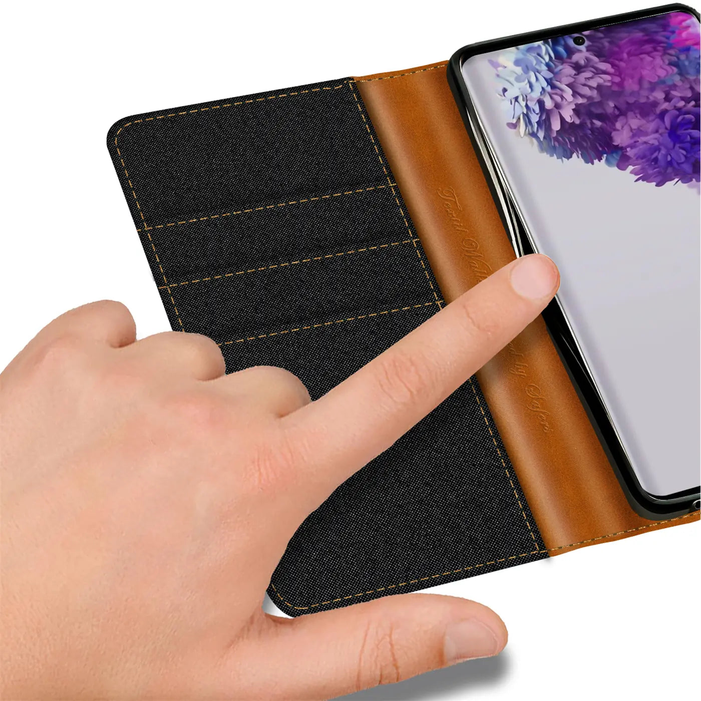 Samsung S20 FE Klapphülle, Textil/Leder, Nahaufnahme, Finger berührt Bildschirm