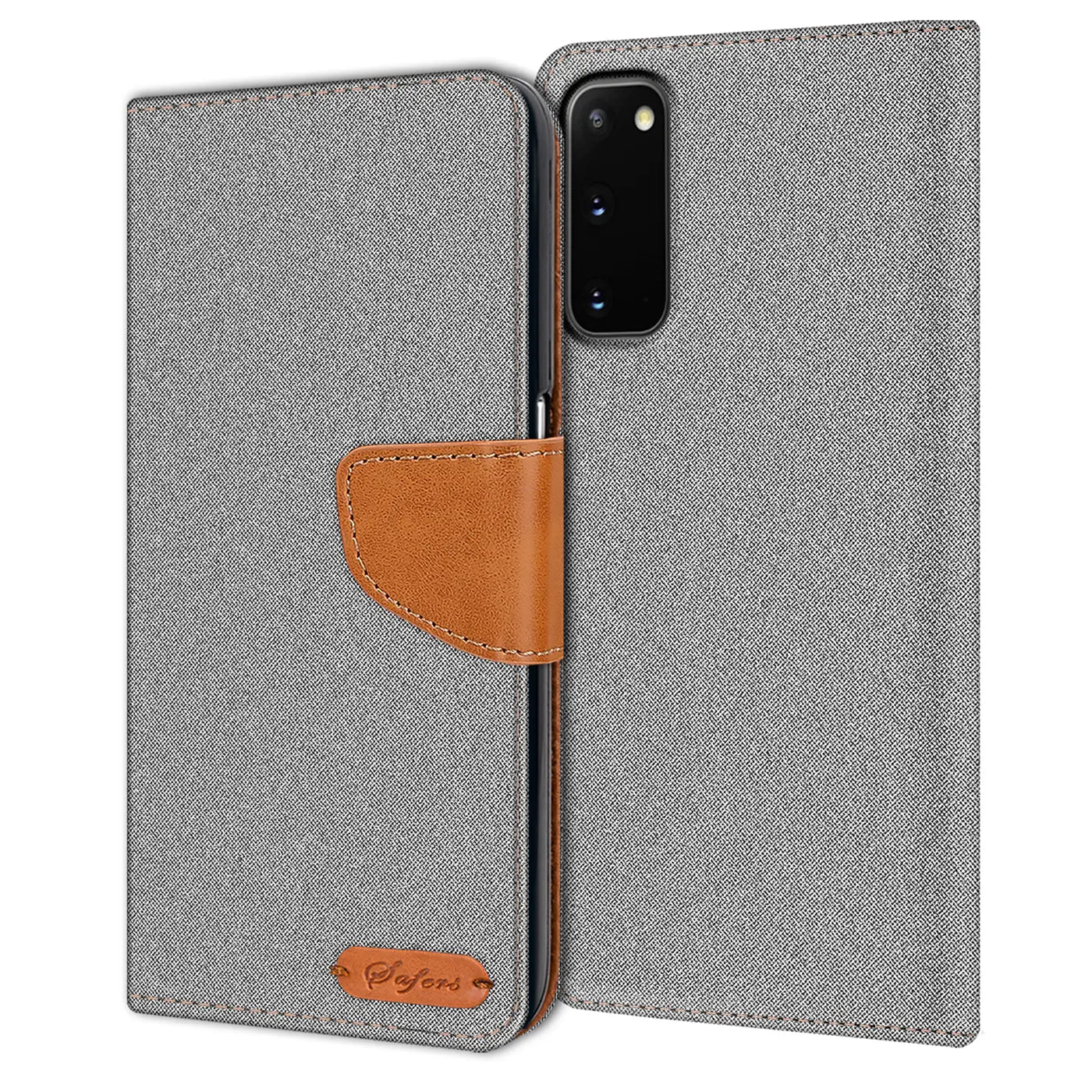 Graue Textil-Klapphülle mit braunem Lederriemen und Kartenfach für Samsung Galaxy S20.