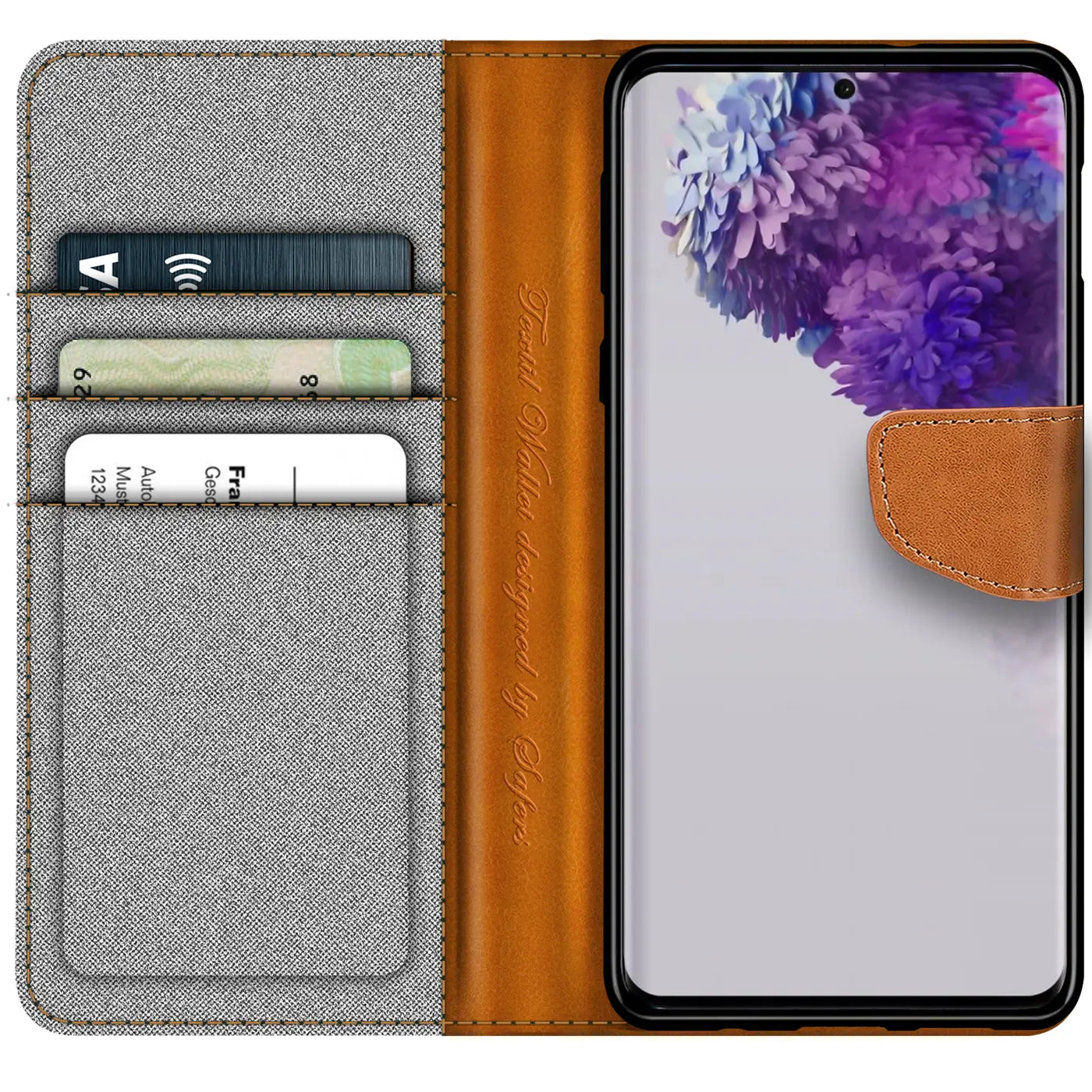 Graue Textil-Klapphülle mit braunem Leder, Kartenfächern, Samsung S20.