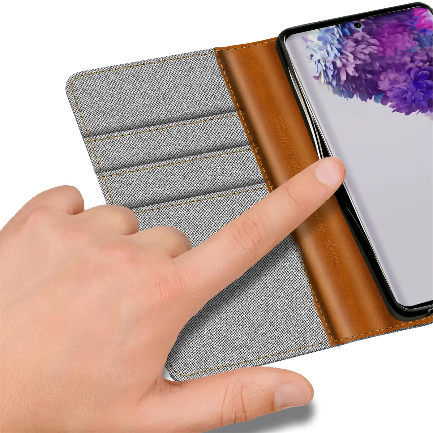 Graue Textil-Klapphülle mit braunen Lederdetails, Kartenfächer, Samsung S20, Nahaufnahme.