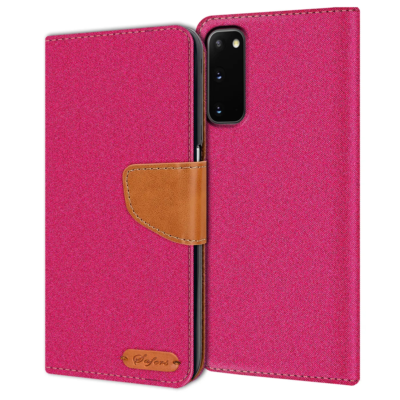 Fuchsia Textil Klapphülle mit braunem Lederdetail für Samsung Galaxy S20, von vorne