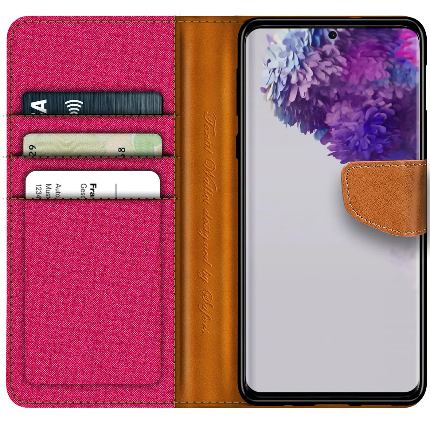 Textil Klapphülle in Pink/Braun mit Kartenfächern für Samsung Galaxy S20.