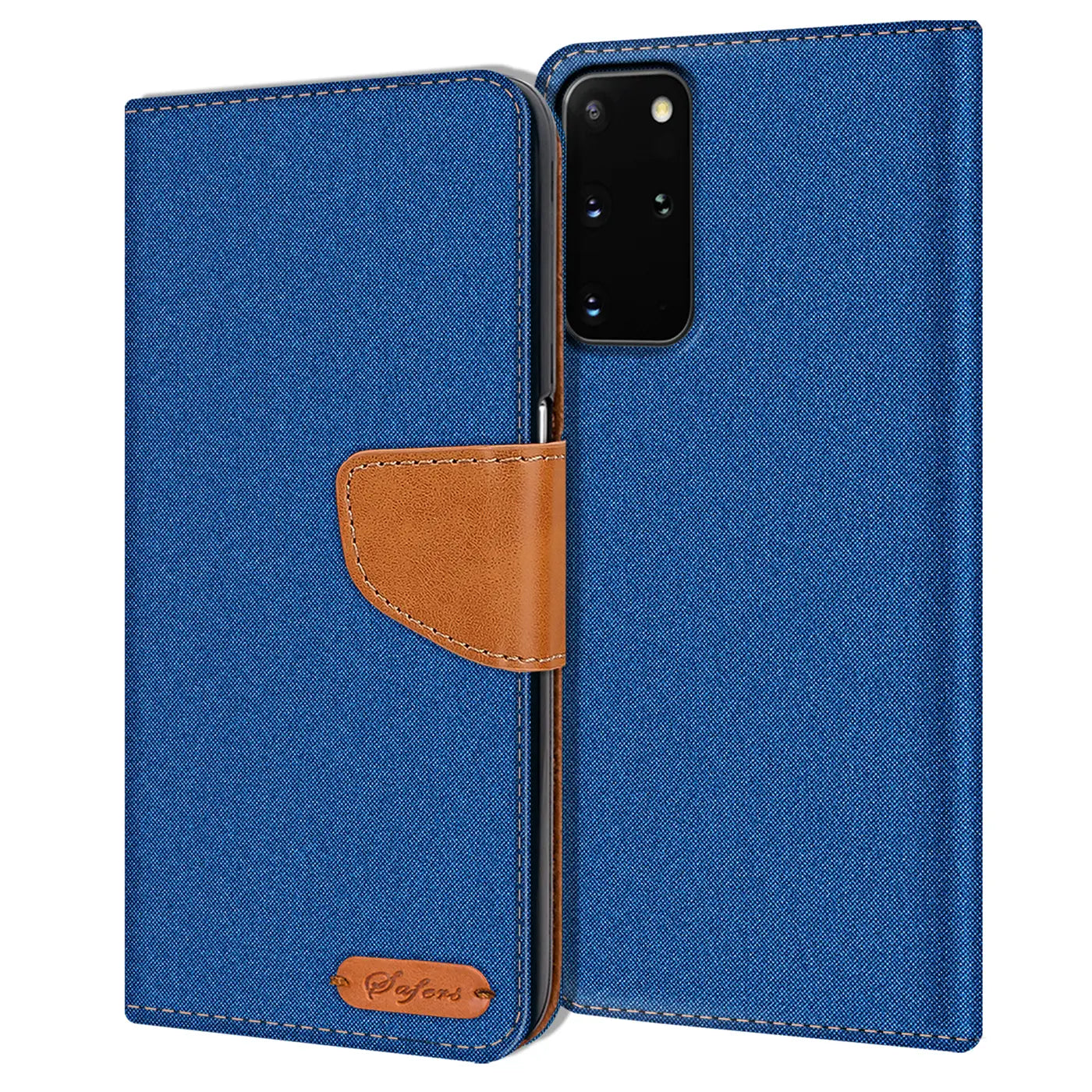 Blaue Textil-Klapphülle mit braunem Lederakzent, offen, zeigt Rückseite Samsung S20 Plus.