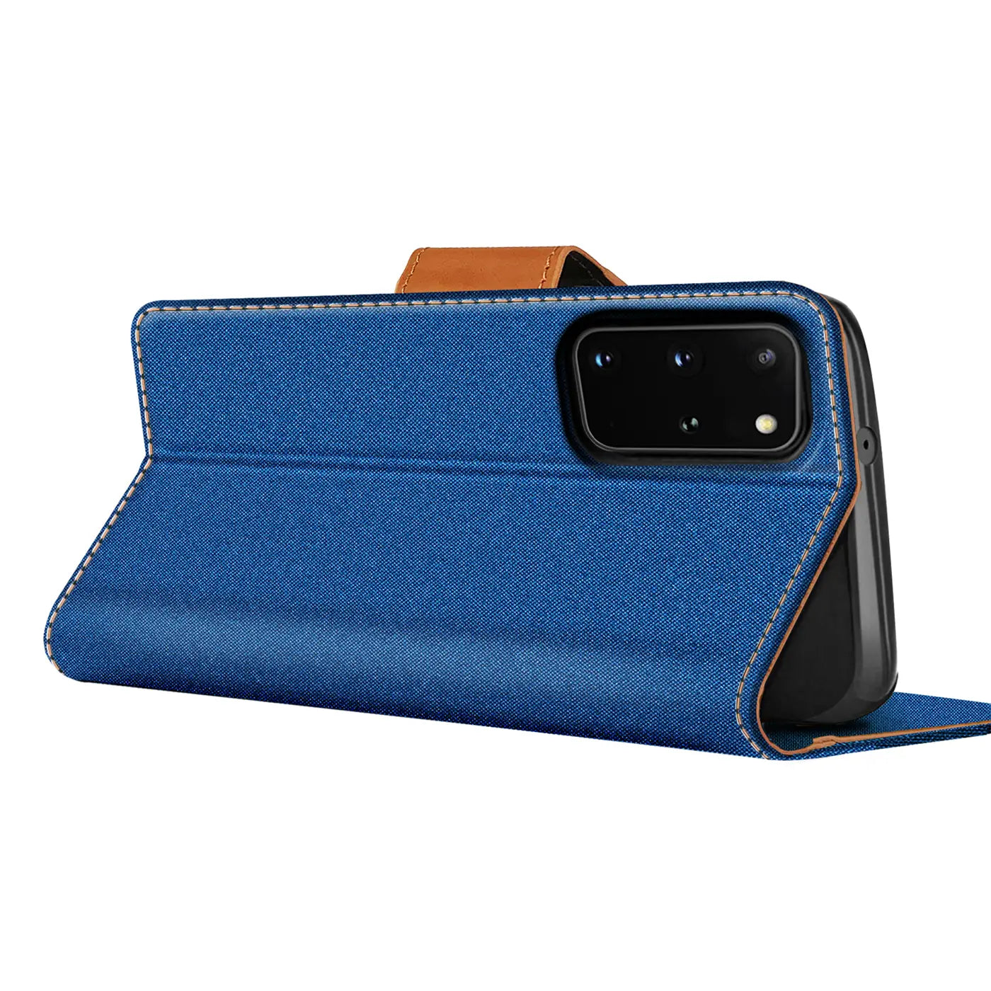 Blaue Textil-Klapphülle mit braunem Lederriemen, Seitenansicht, zeigt Samsung S20 Plus Kamera.