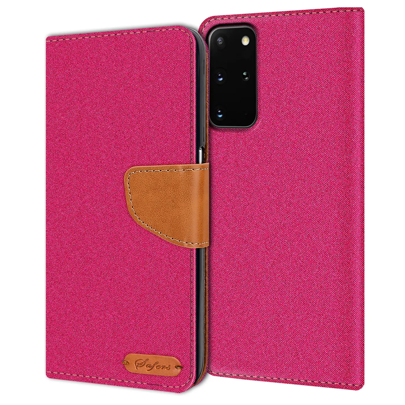 Fuchsia Textil Klapphülle mit braunem Lederdetail für Samsung S20 Plus, von vorne