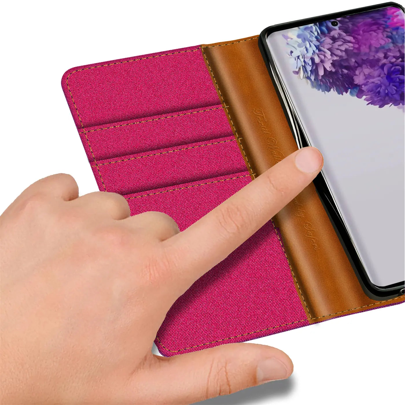 Rosa Textil-Klapphülle mit Kartenfach, braunes Leder, Samsung S20 Plus, von oben