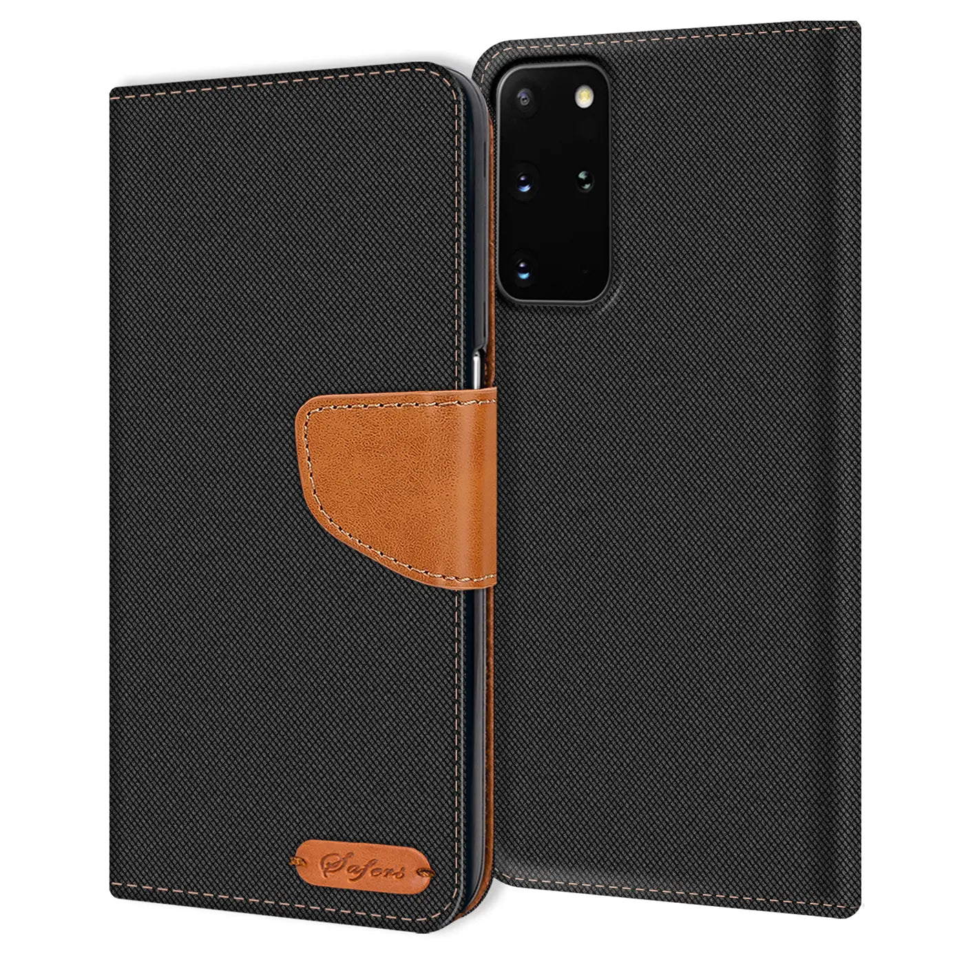Schwarze Textil-Klapphülle mit braunem Lederakzent für Samsung S20 Plus, von vorn