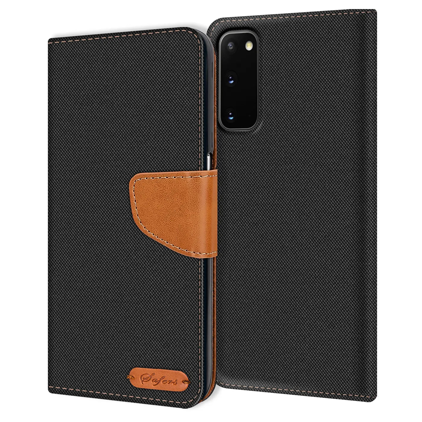 Schwarze Textil-Klapphülle mit braunem Lederriemen für Samsung Galaxy S20.