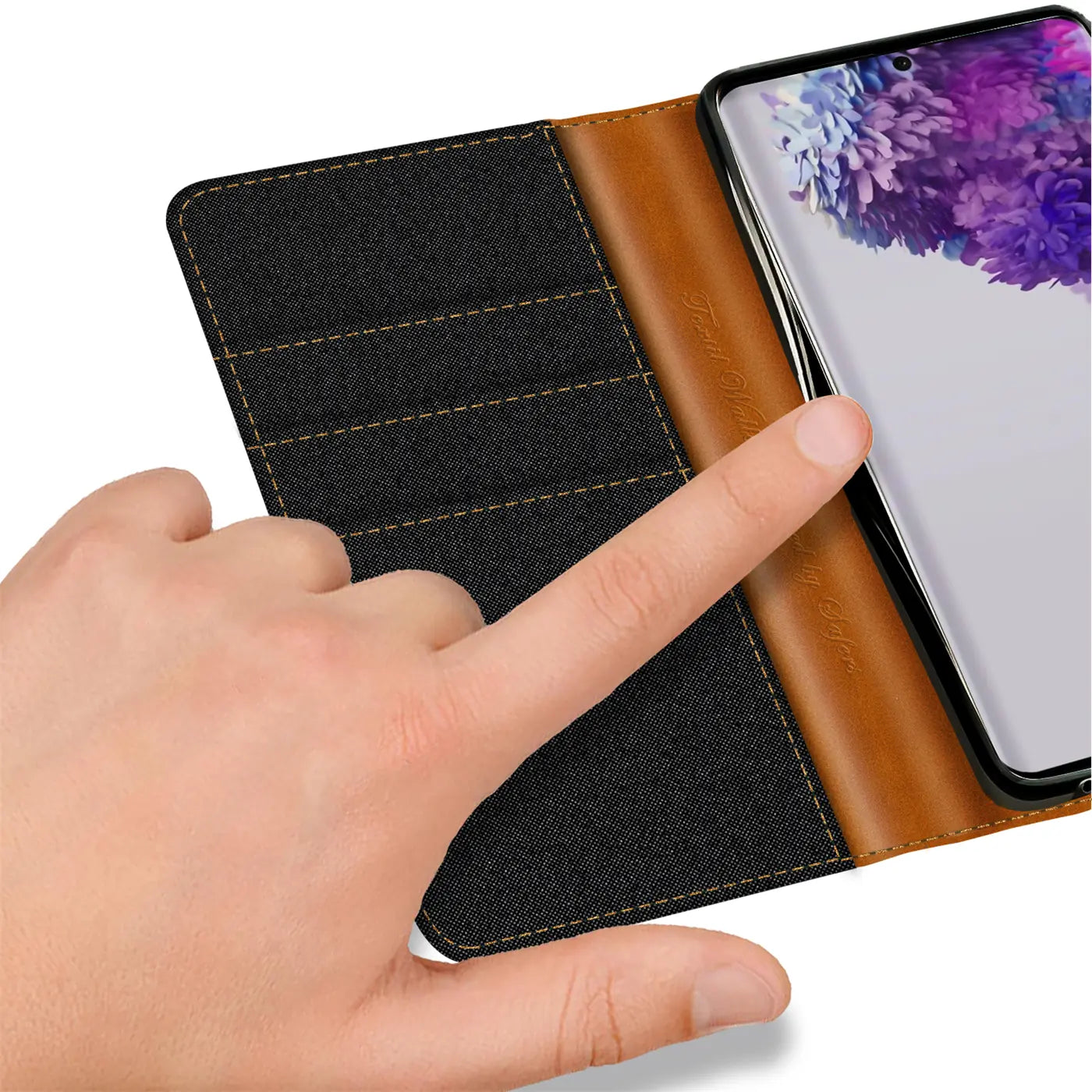 Samsung S20 Klapphülle, Textil/Leder, braun/schwarz, von oben, mit Kartenfach