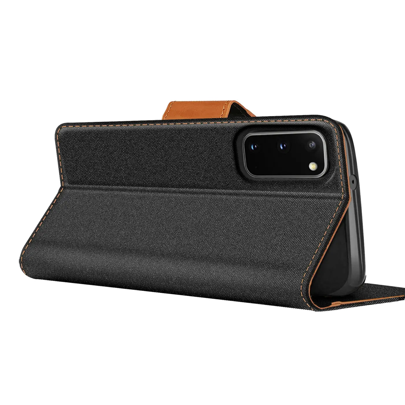 Schwarze Textil-Klapphülle mit braunen Akzenten, von der Seite, Samsung Galaxy S20.