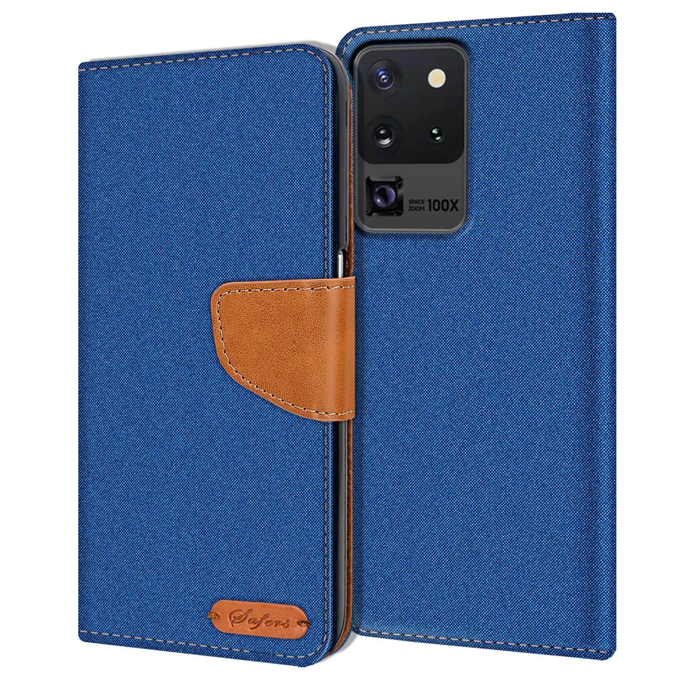 Blaue Textil-Klapphülle mit braunem Lederakzent für Samsung S20 Ultra, von vorne gezeigt.