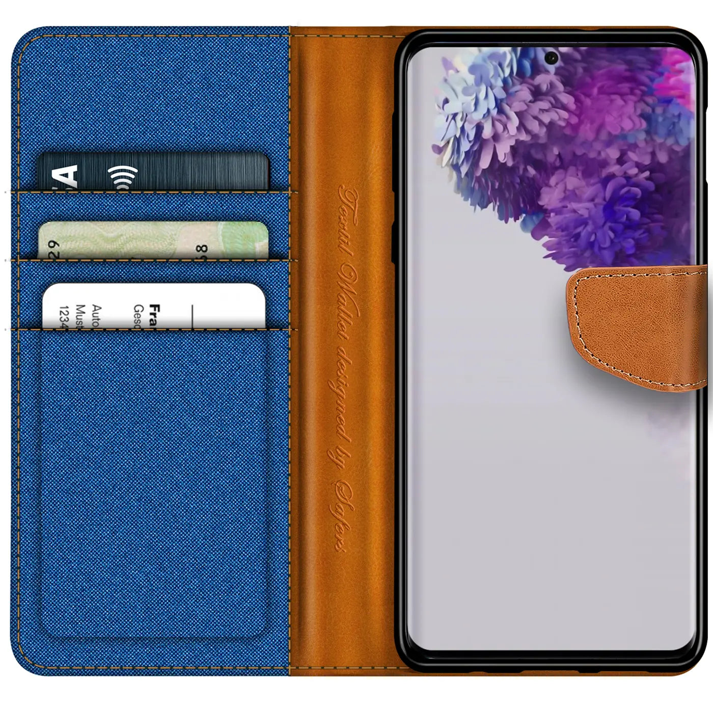 Blaues Textil-Klapphülle mit braunem Leder-Kartenfach, Samsung S20 Ultra, von vorne