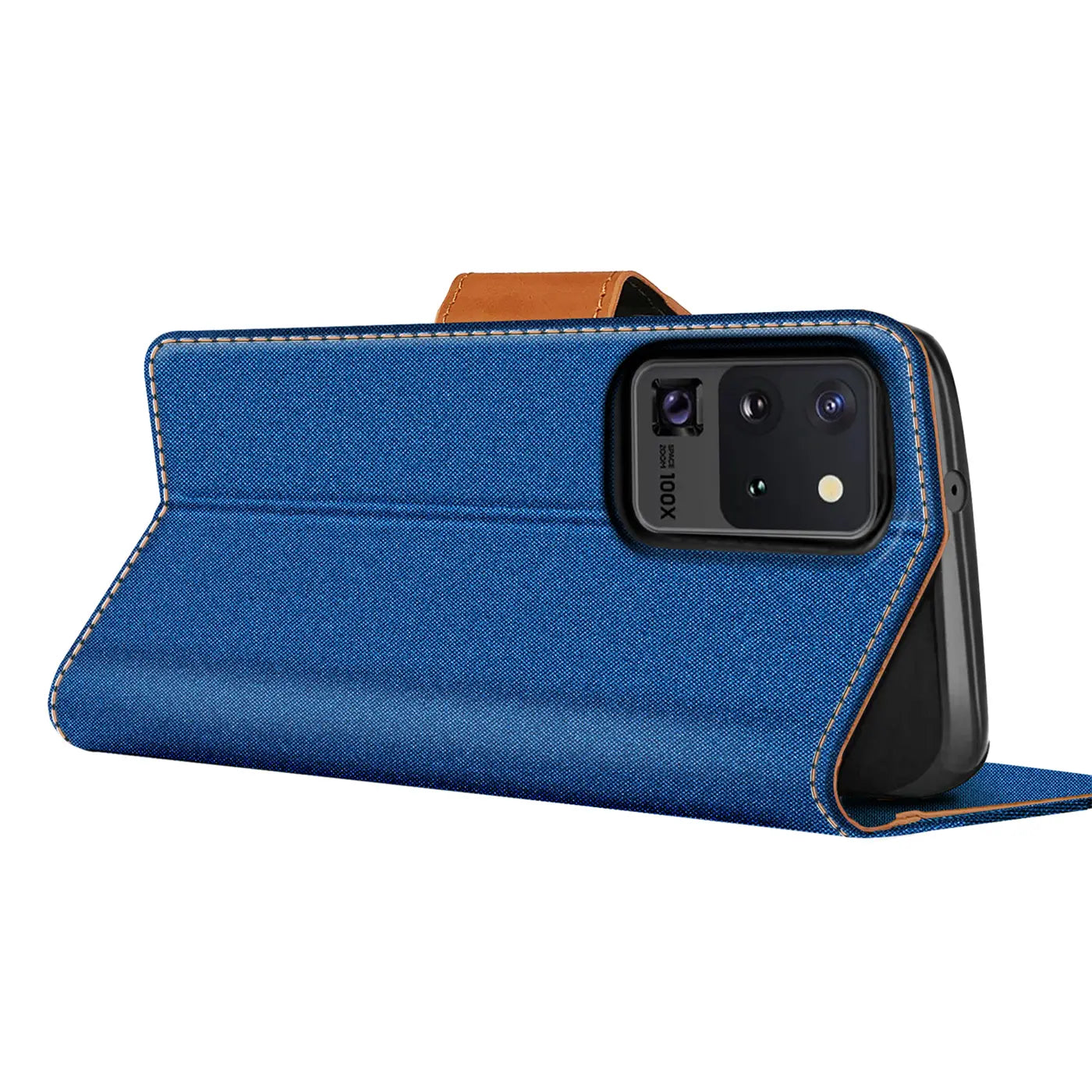 Blaue Textil-Klapphülle mit braunem Lederakzent, Seitenansicht, zeigt Samsung Galaxy S20 Ultra.