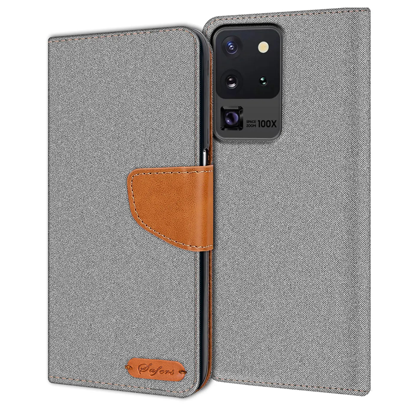 Graue Textil-Klapphülle mit braunem Lederakzent, geöffnet, zeigt Samsung S20 Ultra.