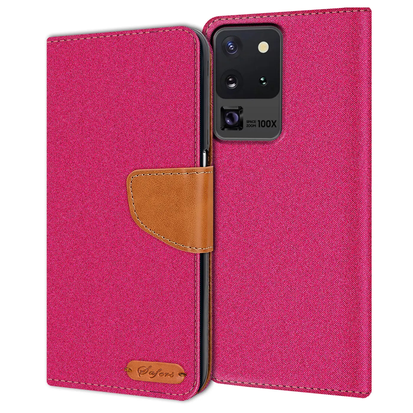 Fuchsia Textil-Klapphülle mit braunem Lederdetail für Samsung S20 Ultra, von vorn