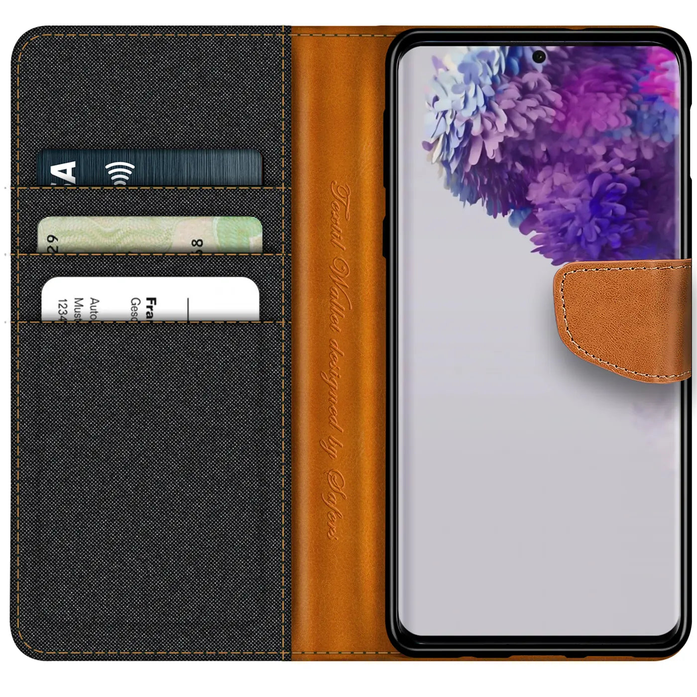 Textil-Klapphülle mit Kartenfach für Samsung S20 Ultra, braun/grau, von oben