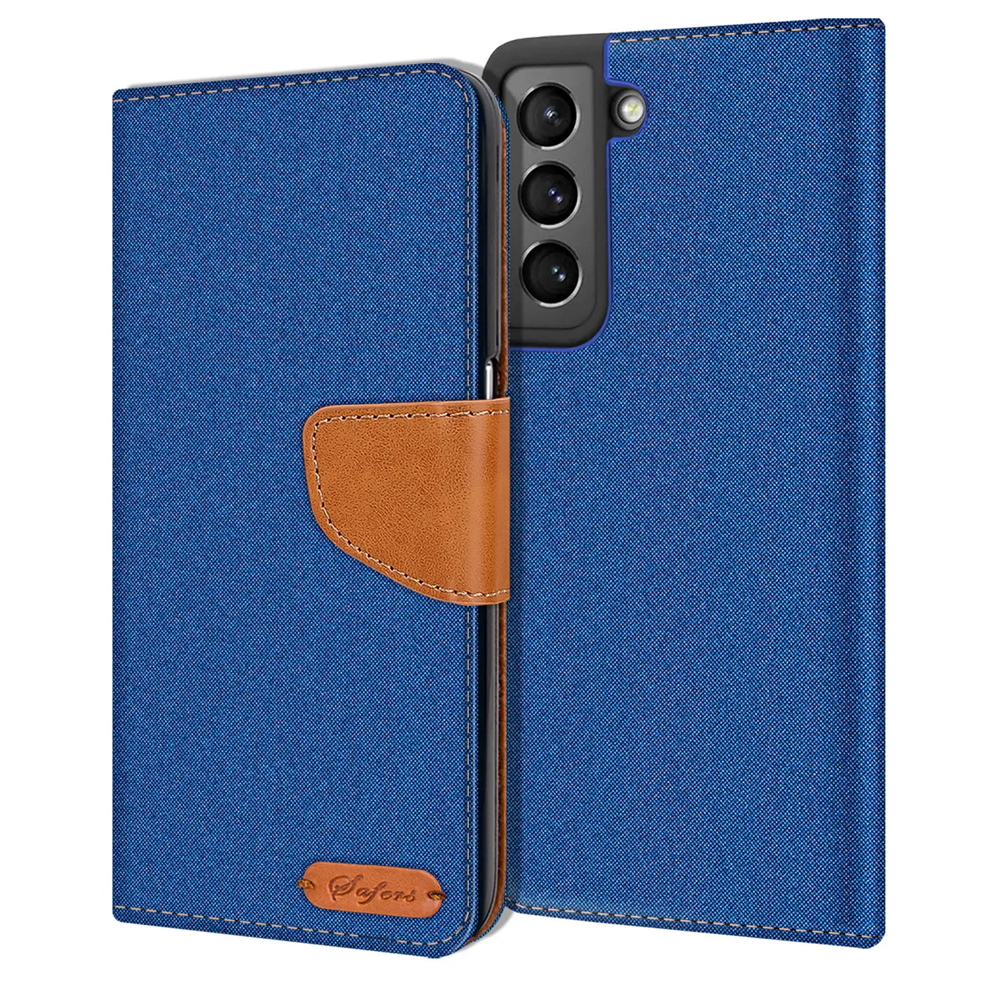 Blaue Textil-Klapphülle mit braunem Lederakzent und Kartenfach für Samsung Galaxy S21.