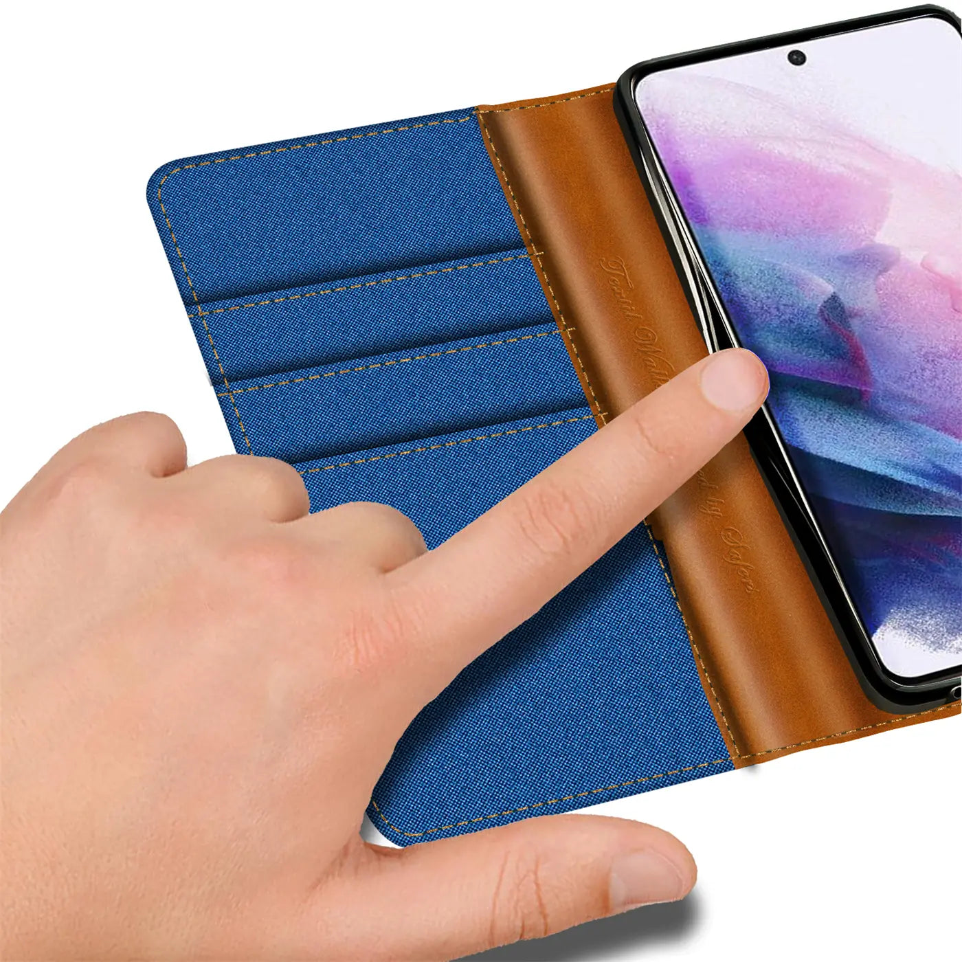 Blaues Textil-Klapphülle mit braunem Leder, Kartenfächer, Samsung S21, Nahaufnahme