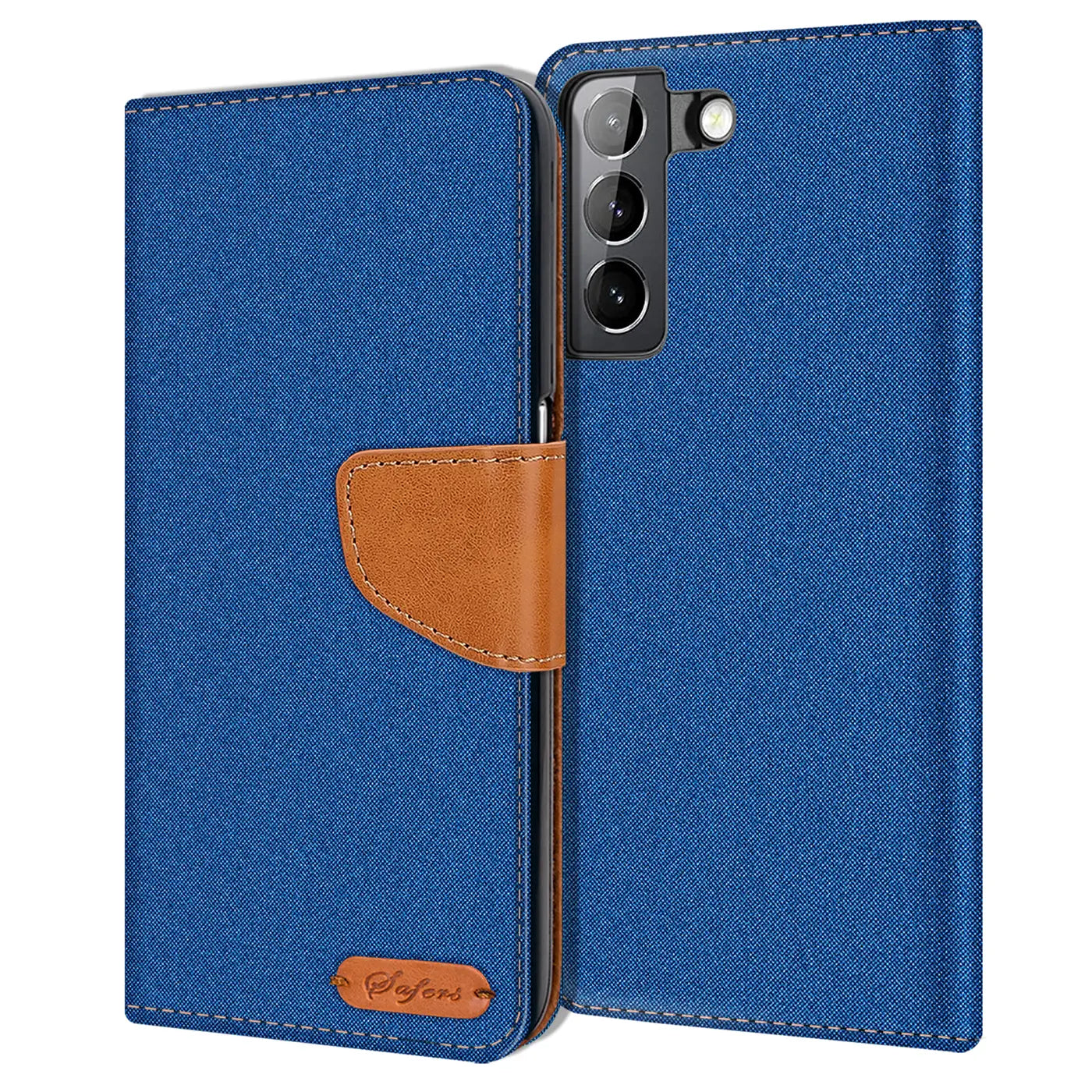 Blaue Textil-Klapphülle mit braunem Leder-Riegel für Samsung S21 FE, von vorne.