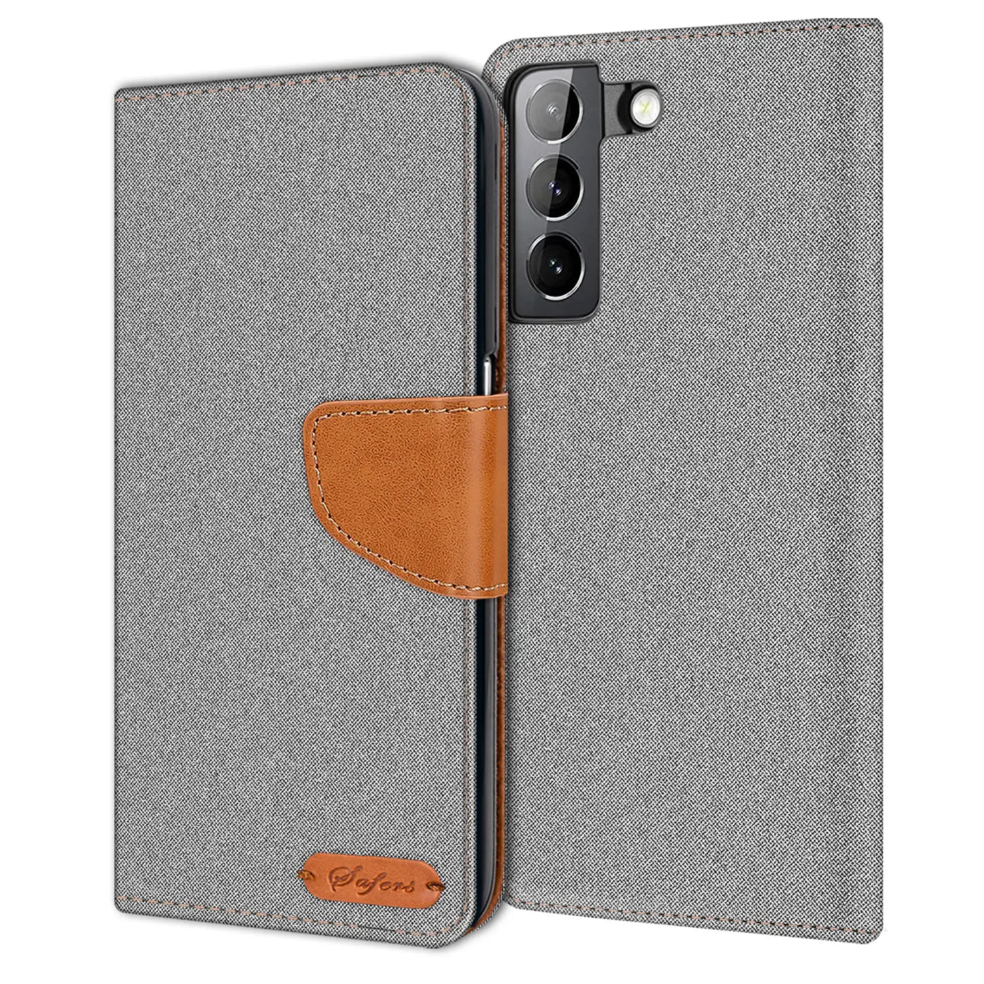 Graue Textil-Klapphülle mit braunem Lederdetail, offen, zeigt Samsung S21 FE mit Kamera.