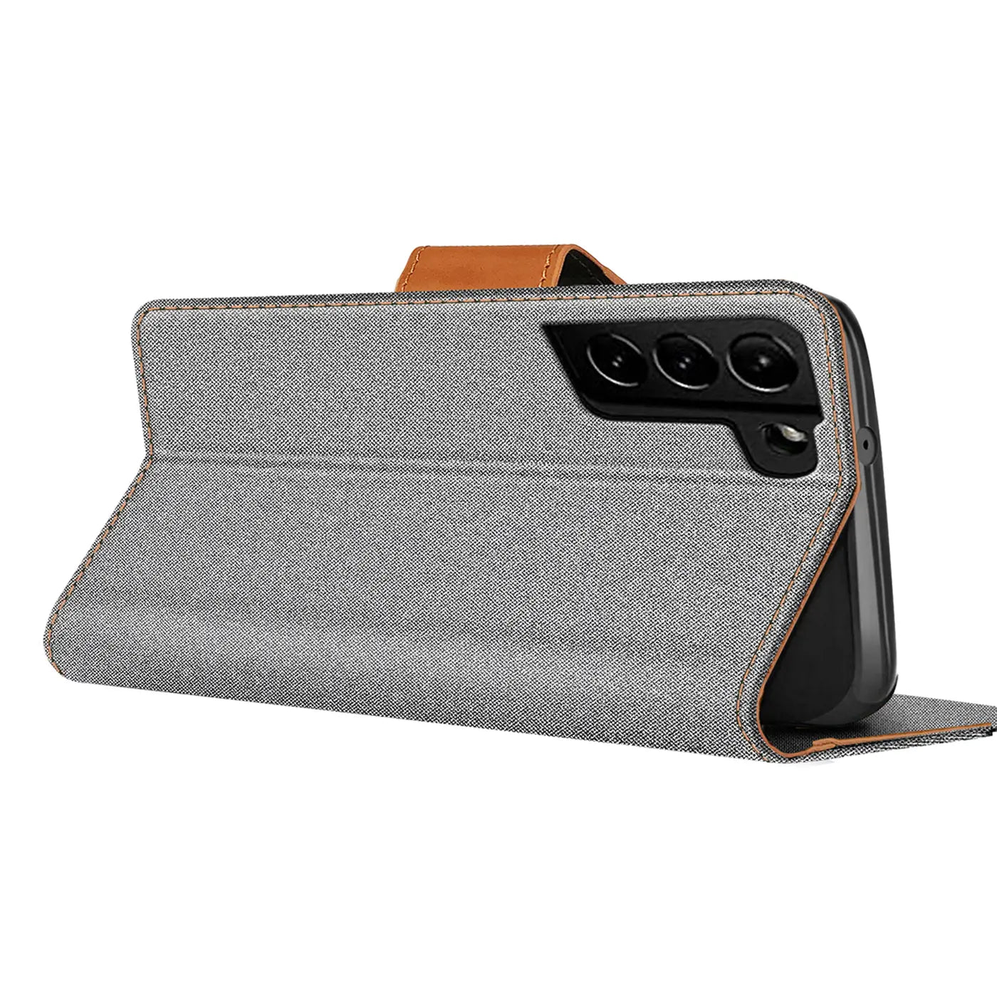 Graue Textil-Klapphülle mit braunen Akzenten, seitliche Ansicht, zeigt Samsung S21 FE Kamera.