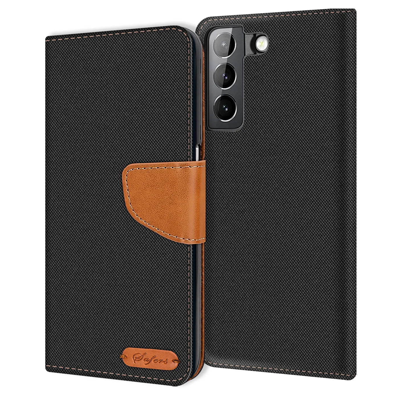 Schwarze Textil-Klapphülle mit braunem Lederakzent für Samsung S21 FE, von vorne gezeigt.