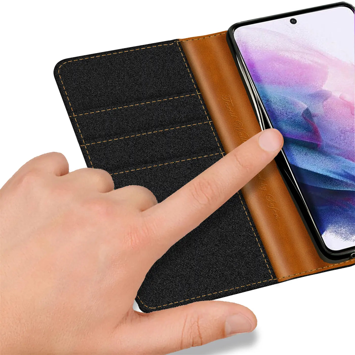 Textil-Klapphülle mit Kartenfach, braun/schwarz, Samsung S21 FE, Nahaufnahme