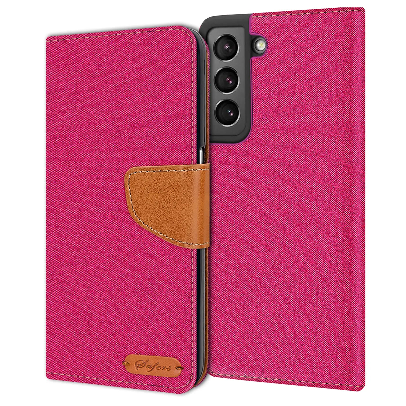Pink Textil-Klapphülle mit braunem Lederdetail, zeigt Samsung Galaxy S21 von vorne.