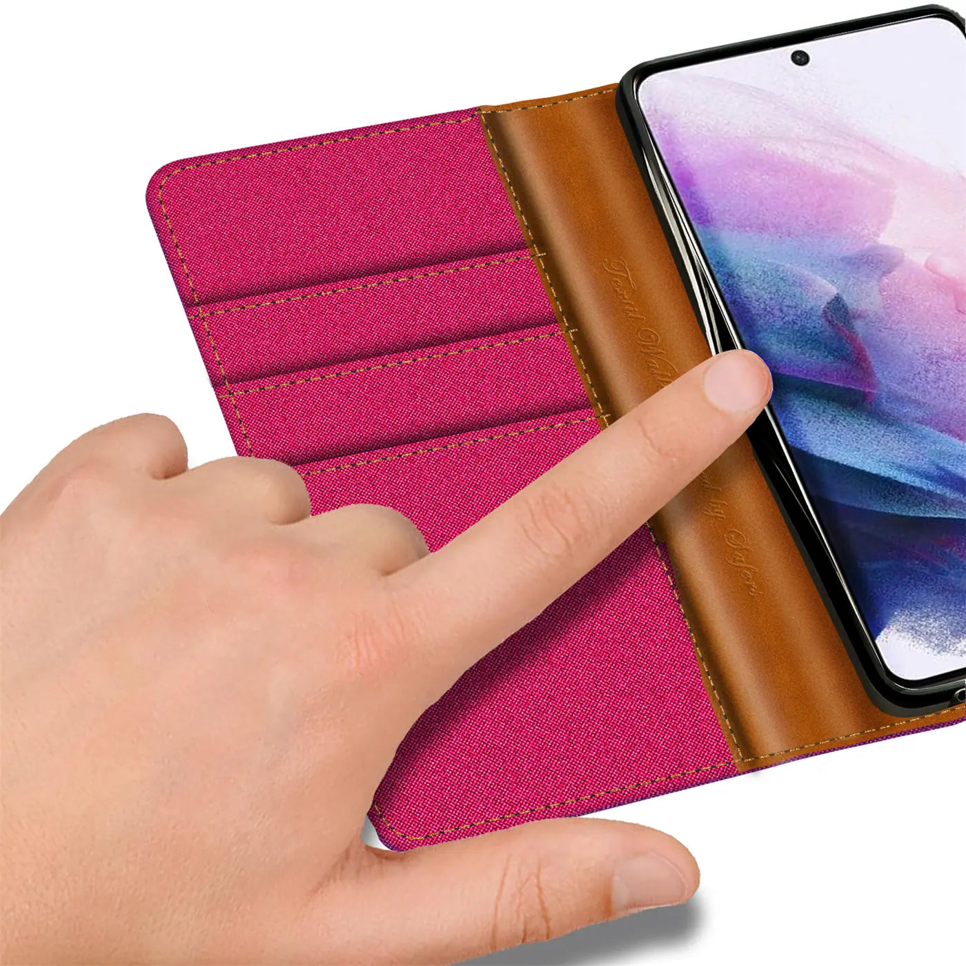 Pink Textil Klapphülle mit Kartenfach, braunem Lederdetail, Nahaufnahme, Samsung S21