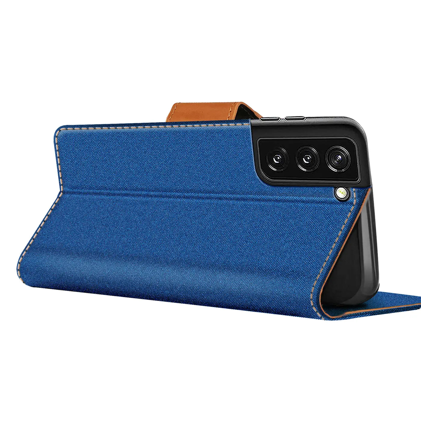 Blaue Textil Klapphülle mit braunen Akzenten, seitliche Ansicht, zeigt Samsung Galaxy S21 Plus Kamera.