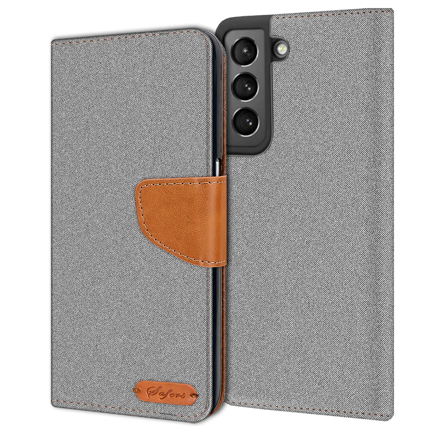 Graue Textil-Klapphülle mit braunem Lederdetail, geöffnet, zeigt Samsung Galaxy S21 Plus