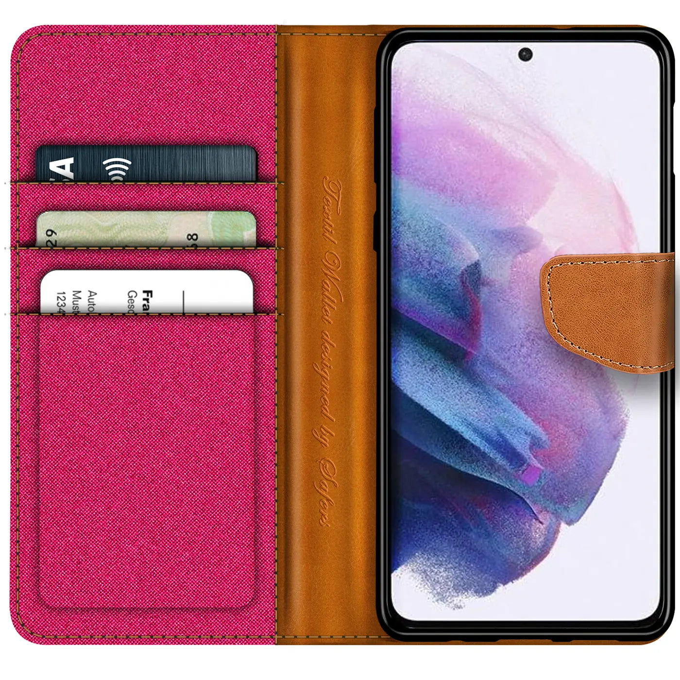 Textil-Klapphülle in Pink mit braunem Leder-Akzent, Kartenfächer, Samsung S21 Plus.