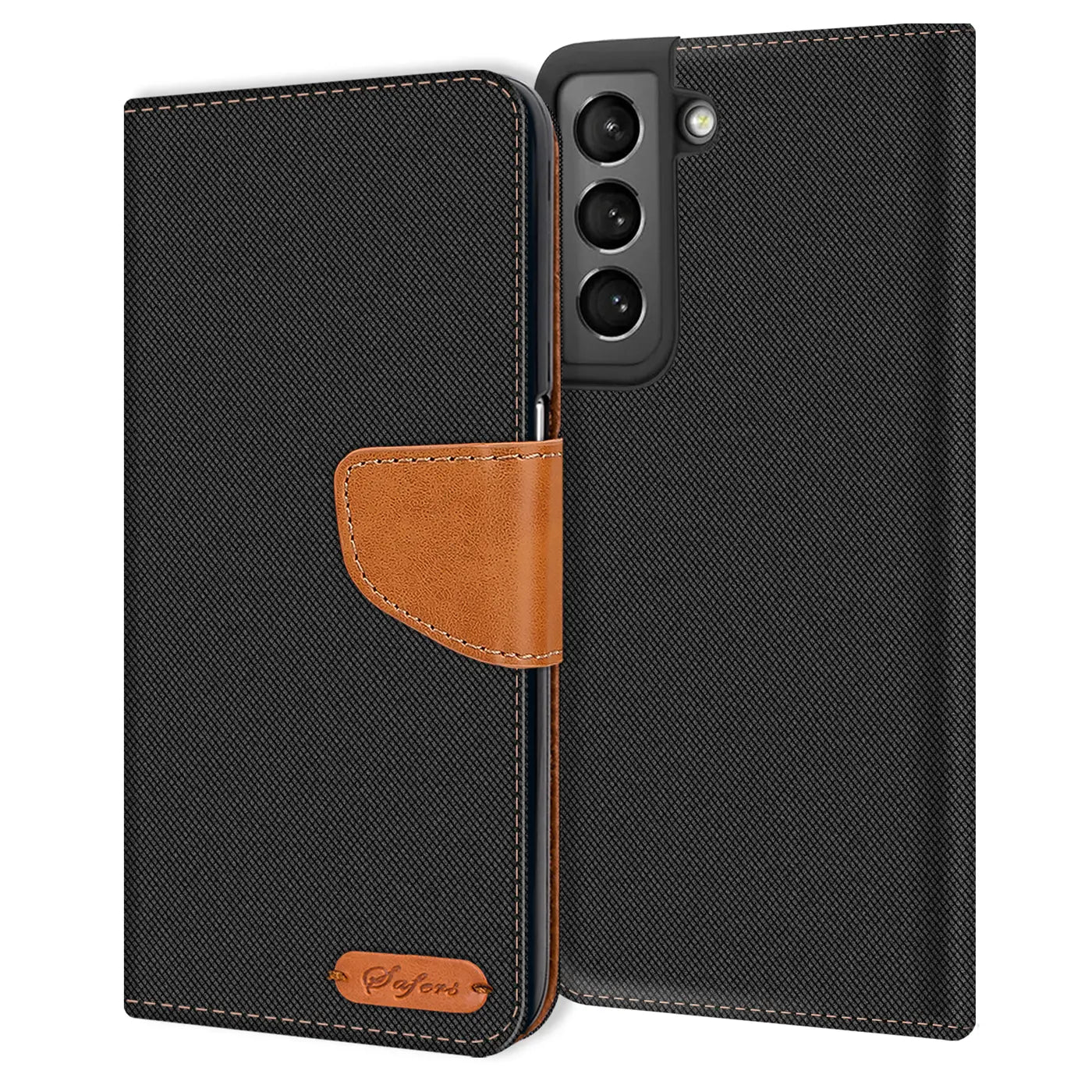 Schwarze Textil-Klapphülle mit braunem Lederakzent, Samsung Galaxy S21 Plus, Vorderansicht.