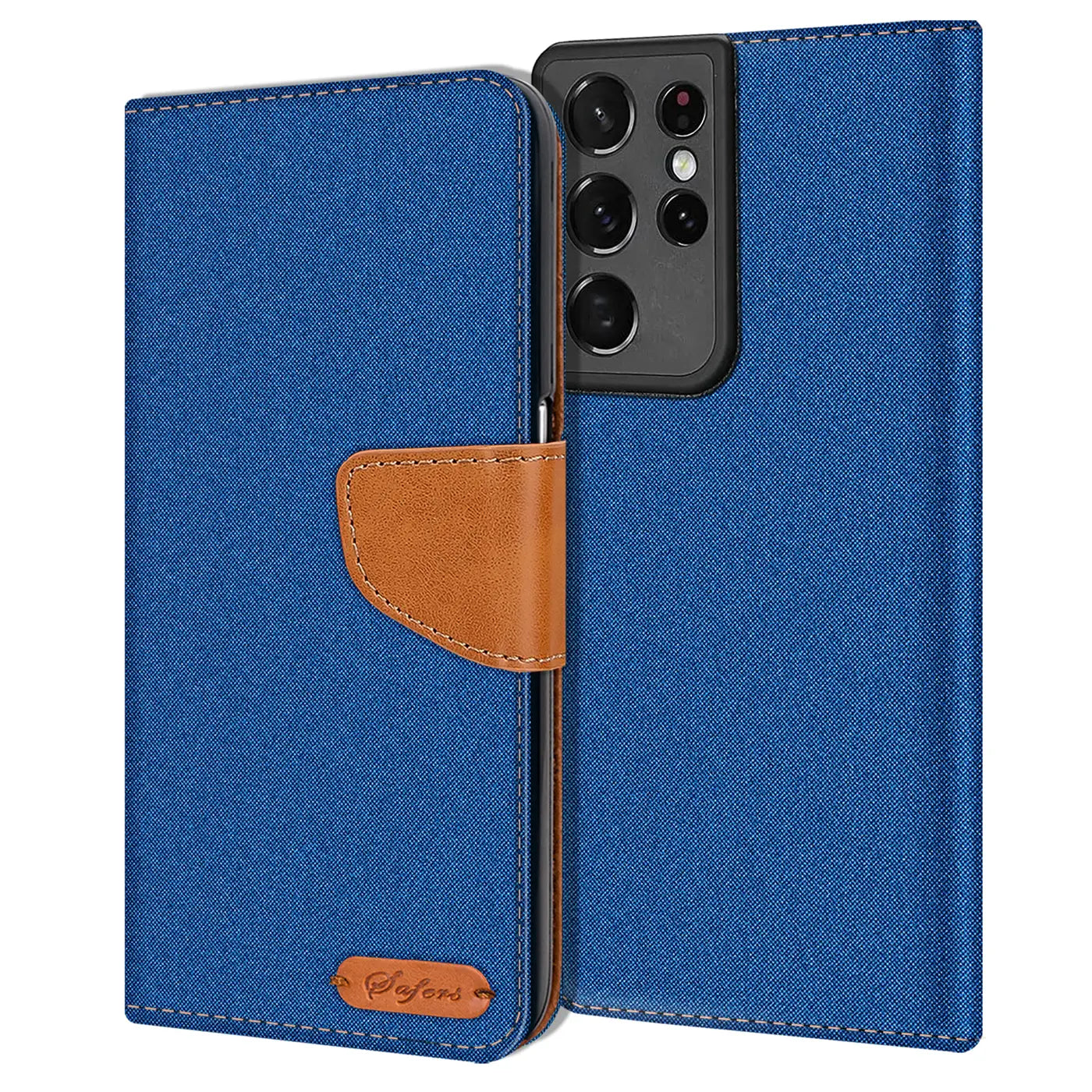 Blaue Textil-Klapphülle mit braunem Lederakzent für Samsung Galaxy S21 Ultra, von vorne gezeigt.