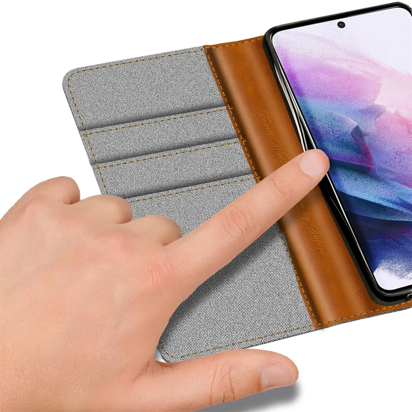 Graue Textil-Klapphülle mit braunen Lederakzenten, zeigt Samsung S22 Plus, von oben.