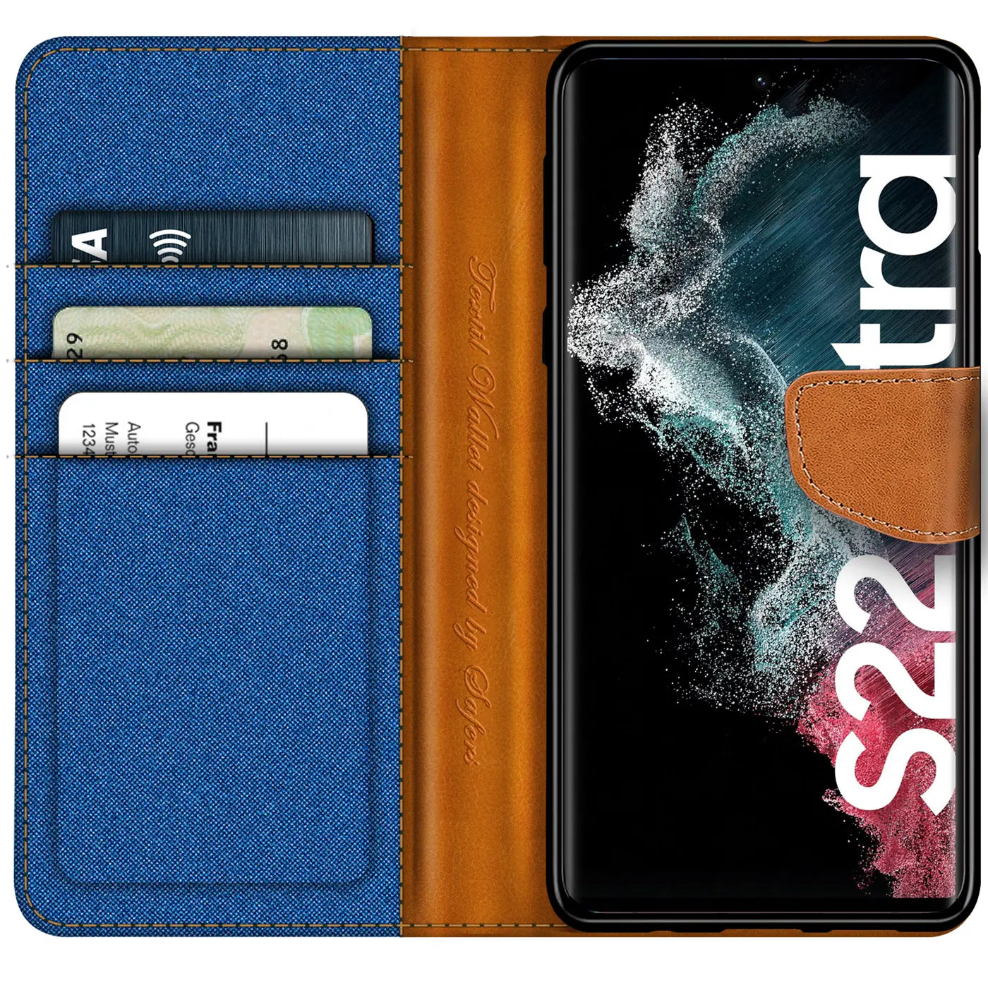 Blaue Textil-Klapphülle mit braunen Lederdetails, Kartenfächern, zeigt Samsung S22 Ultra.