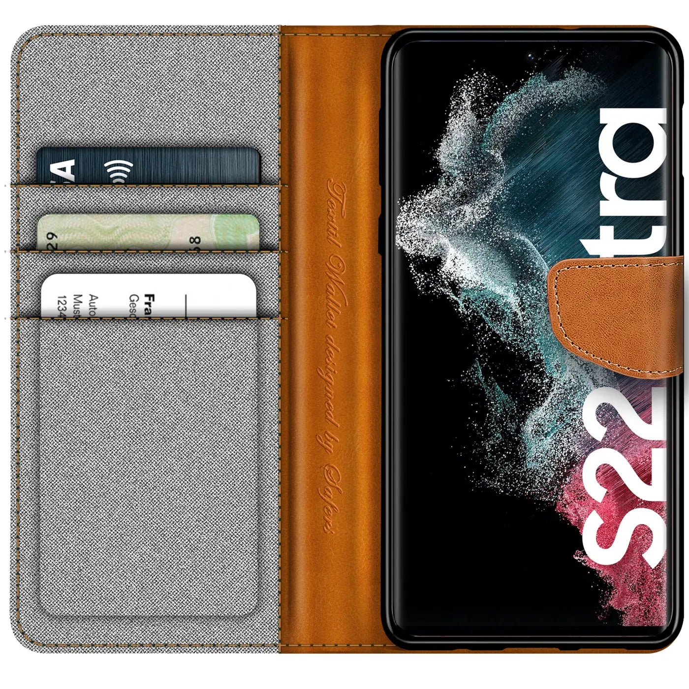 Graue Textil-Klapphülle mit braunen Lederdetails, Kartenfächern, zeigt Samsung S22 Ultra.