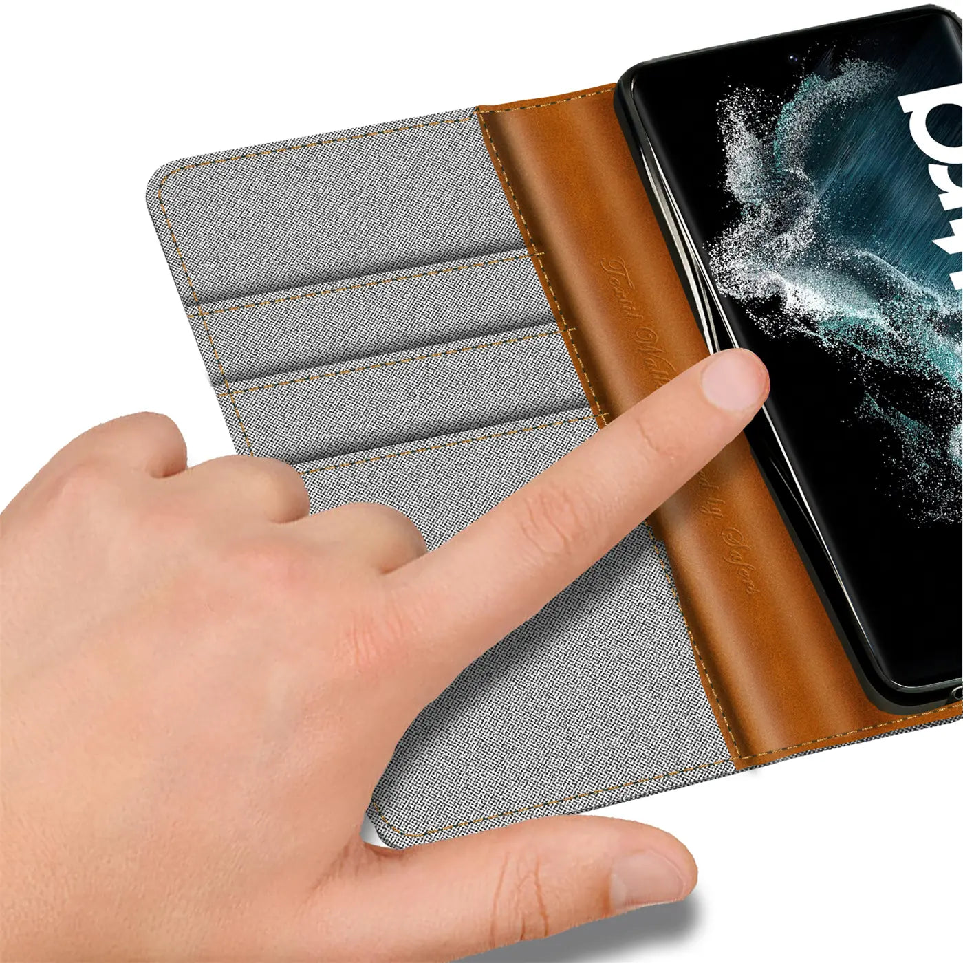 Graue Textil-Klapphülle mit braunen Lederdetails und Kartenfächern, zeigt Samsung S22 Ultra.