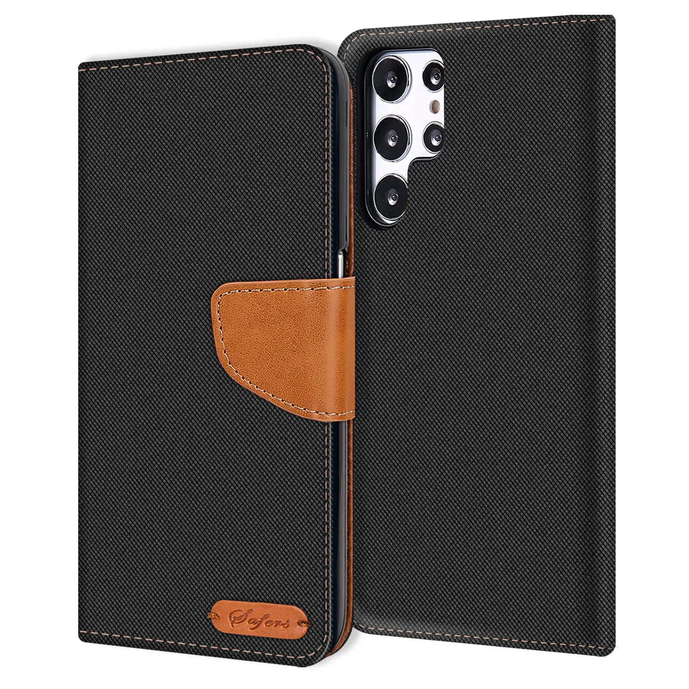 Schwarze Textil-Klapphülle mit braunem Lederakzent für Samsung S22 Ultra, von vorne