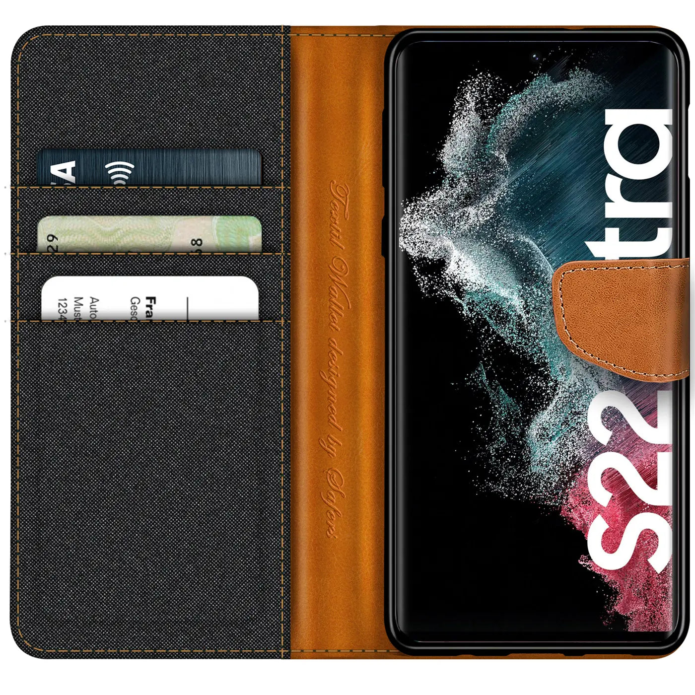 Textil-Klapphülle in Schwarz/Braun mit Kartenfach, offen, zeigt Samsung S22 Ultra.