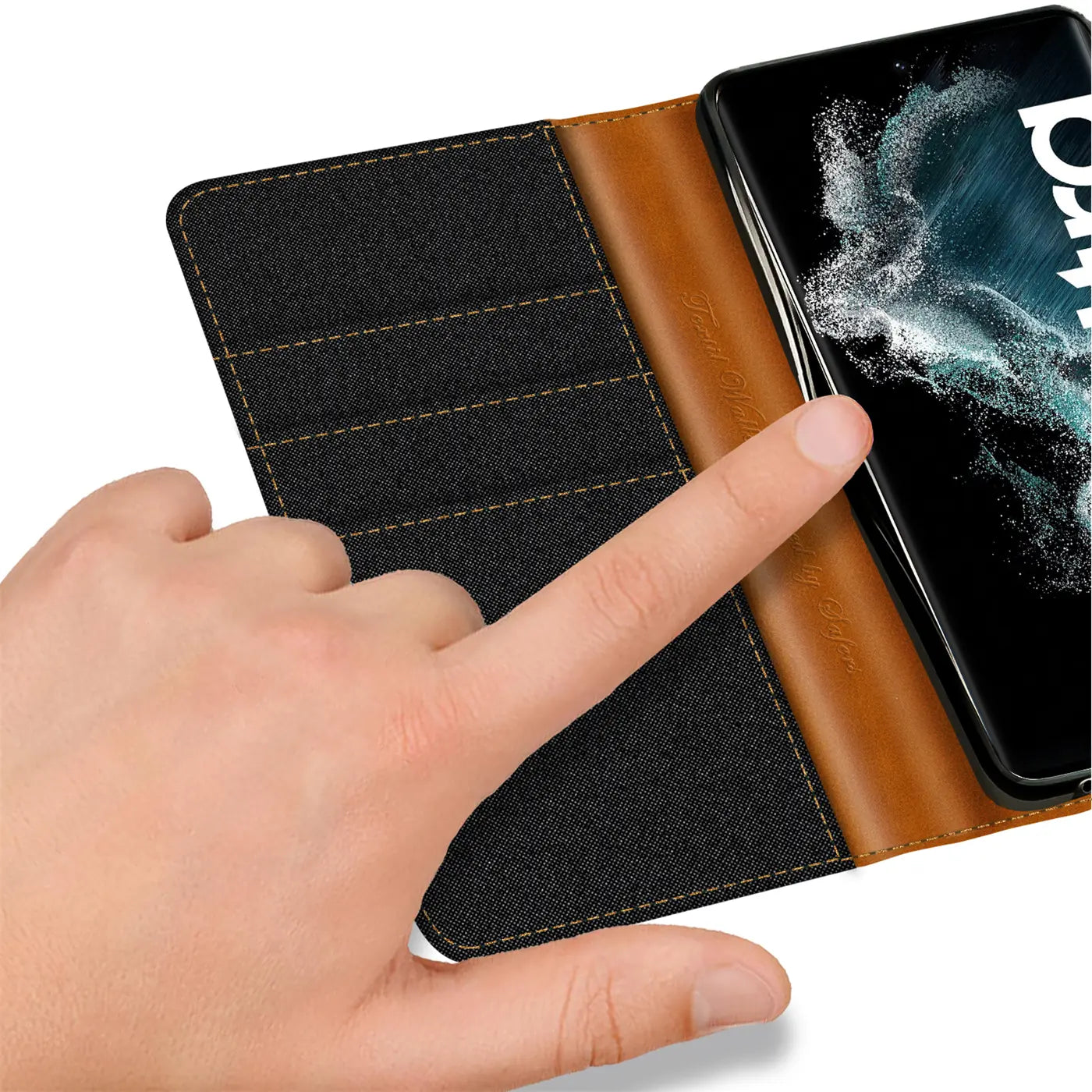 Textil-Klapphülle, braunes Leder, schwarzes Textil, Samsung S22 Ultra, von oben