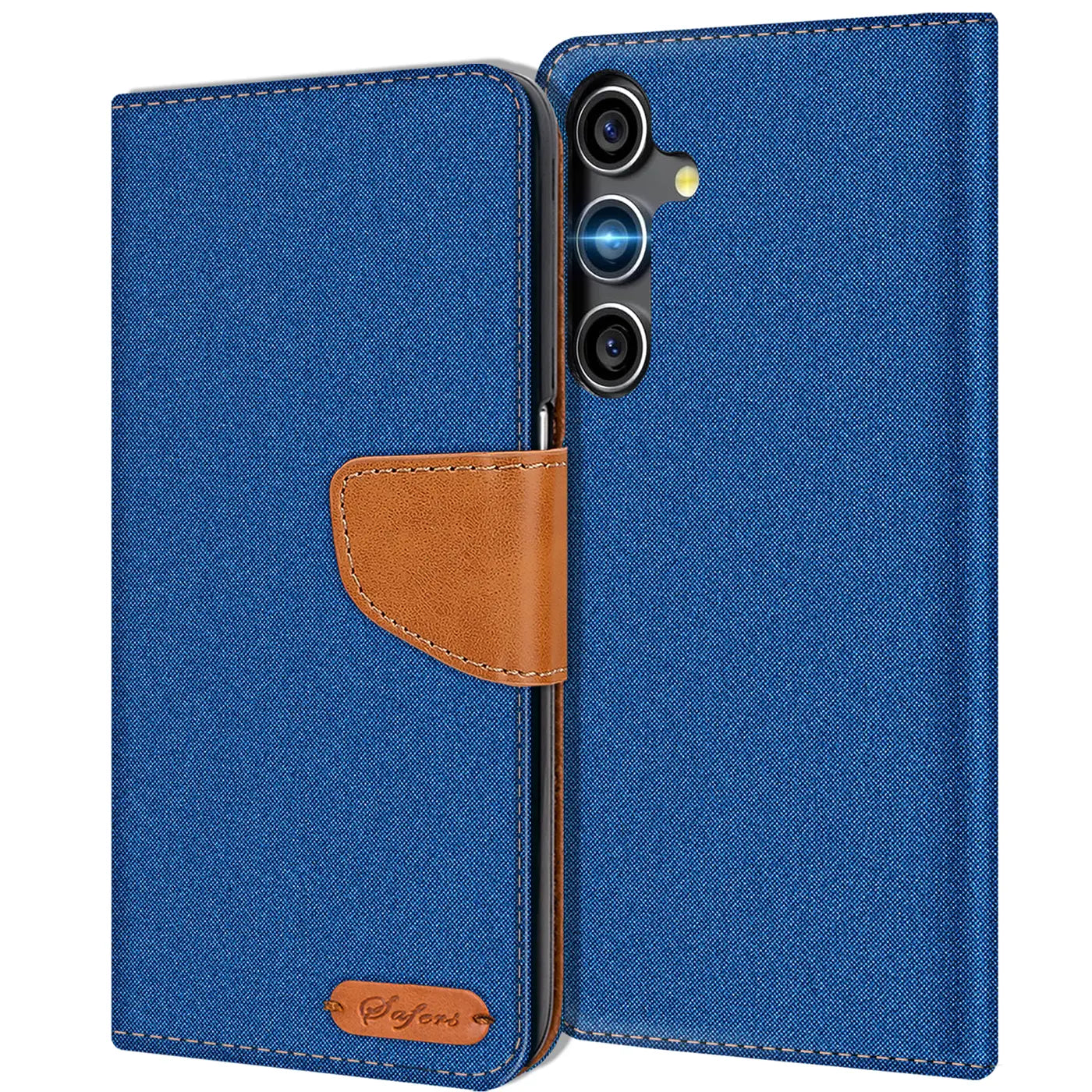 Blaue Textil-Klapphülle mit braunem Lederakzent, Vorder- und Rückansicht, Samsung S23 FE.