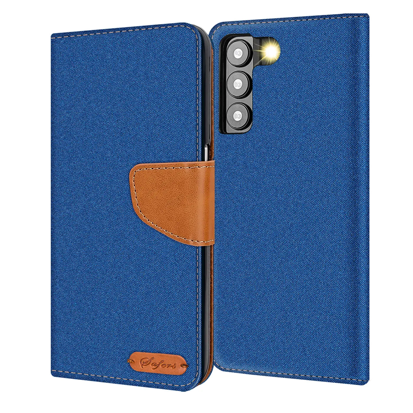 Blaue Textil-Klapphülle mit braunem Lederakzent, Vorder- und Rückansicht, für Samsung Galaxy S23 Plus