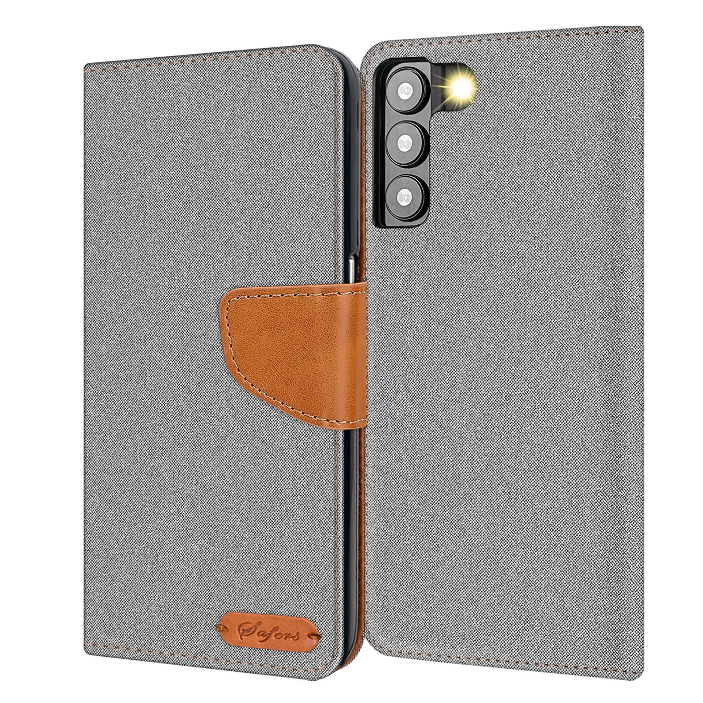 Graue Textil-Klapphülle mit braunem Lederriemen und Kartenfach für Samsung S23 Plus.