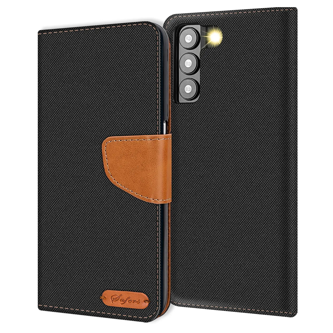 Schwarze Textil-Klapphülle mit braunem Lederriemen, Vorderansicht, Samsung S23 Plus erkennbar.